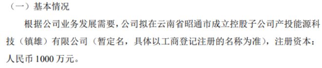 金鼎安全拟投资510万成立控股子公司产投能源科技（镇雄）有限公司 持股51%(图1)