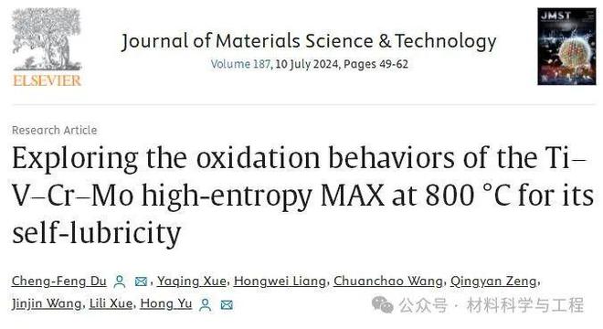西工大《JMST》：Ti-V-Cr-Mo高熵MAX在800℃下的氧化机制与自润滑效应来源(图1)